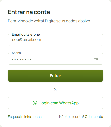 Tela de entrada com o link Esqueci minha senha abaixo das opções de login.